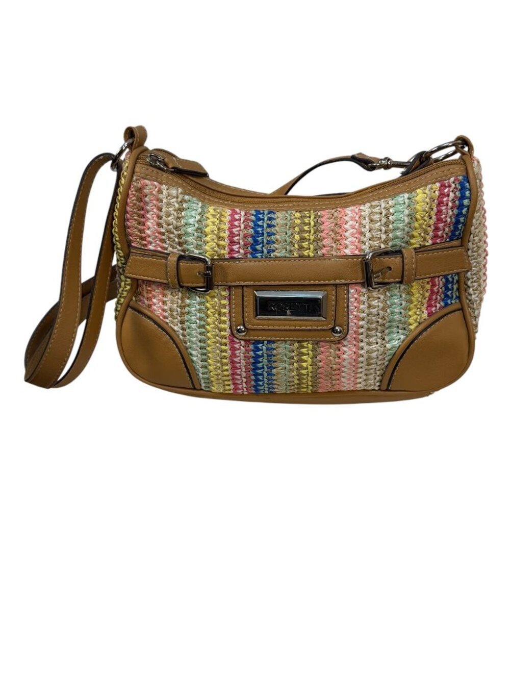 Rosetti Tan Faux Leather Shoulder Bag Multi-Color Stich Boho Buckle
